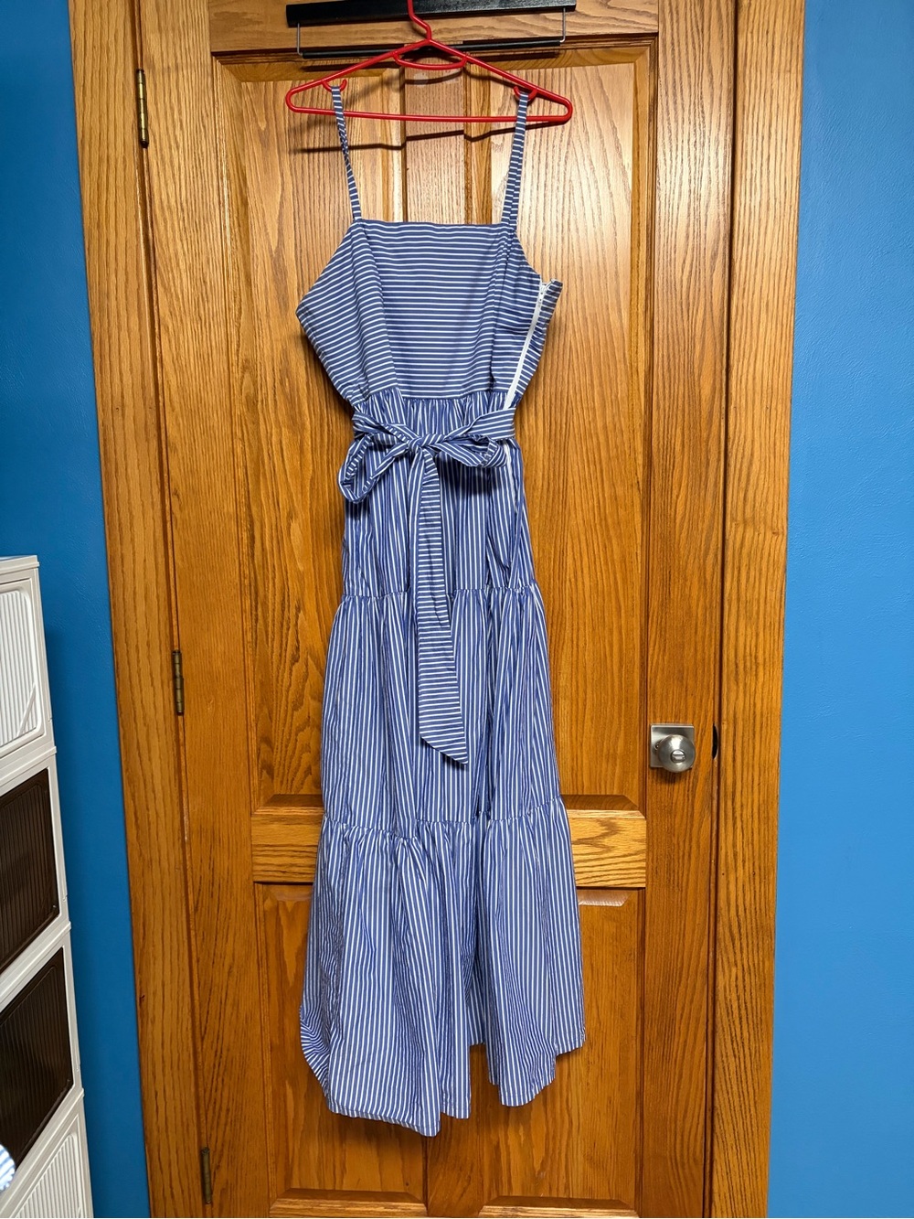 J. Crew Blue and White Striped Tie-Waist Maxi Dress